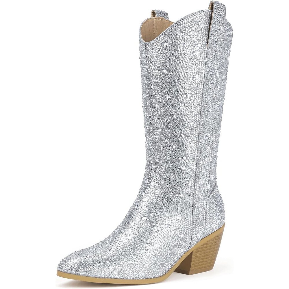 ⚡Women Rhinestone Manmade Material Mid Calf Sparkly Cowgirl Pointed Toe Boots